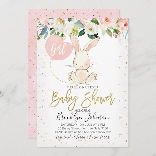 Invitación al Chica Floral Bunny Baby Shower (Anverso / Reverso)
