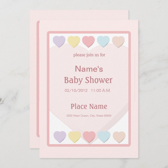 Invitación al Chica rosado Baby Shower Pastel Hear (Anverso / Reverso)
