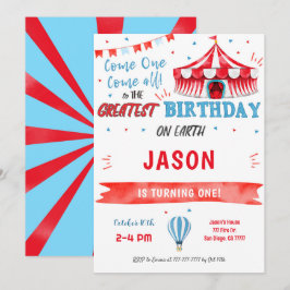 Invitación al circo rojo y azul en color agua