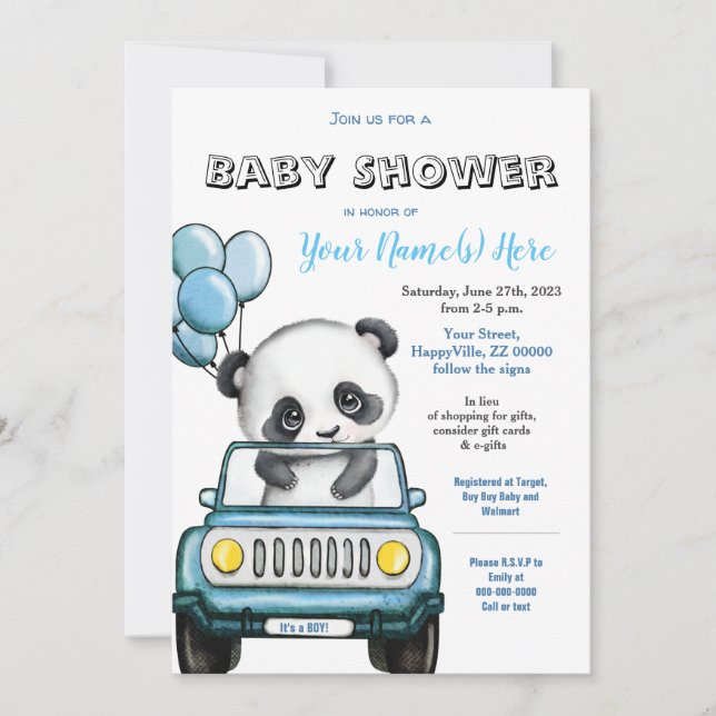 Invitación al coche Baby Shower de Panda Boy (Anverso)