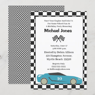 Invitación al coche de carreras Blue 10th Birthday
