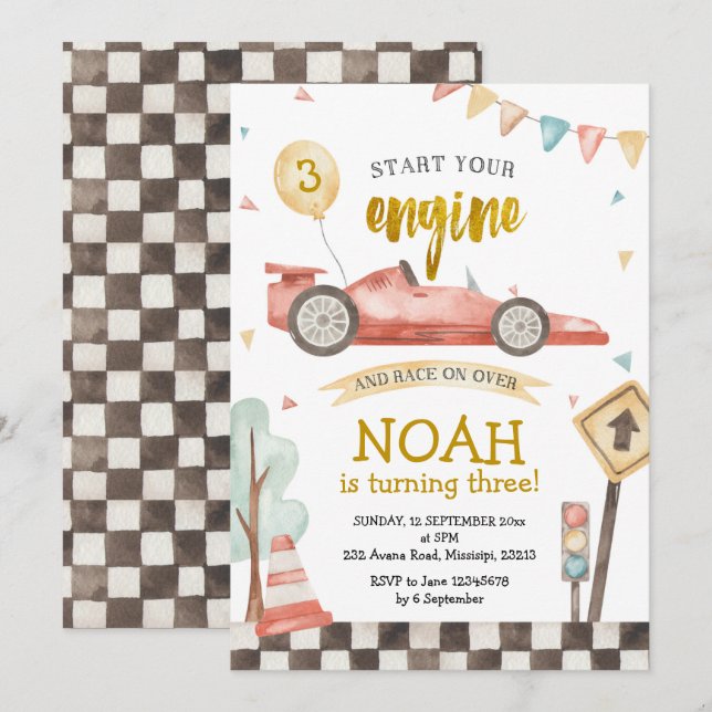 Invitación al coche de Carreras de cumpleaños (Anverso / Reverso)