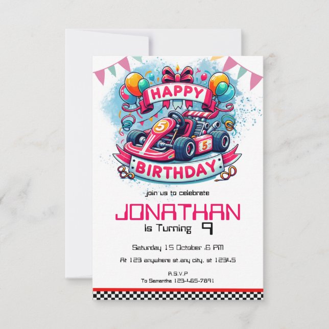 Invitación al coche de Go Kart Birthday Red Carrer (Anverso)