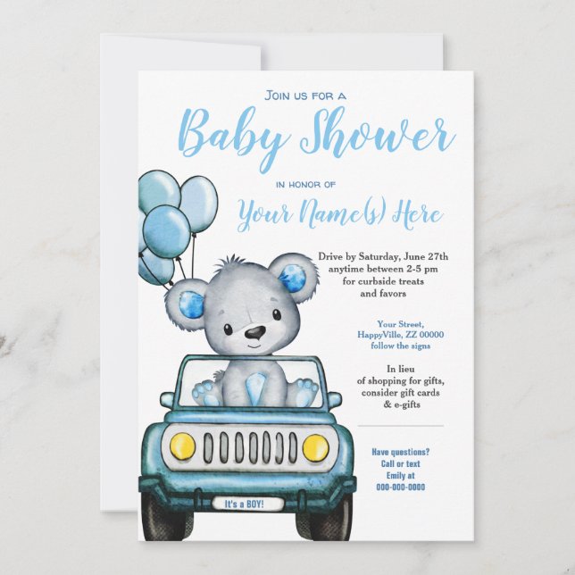 Invitación al coche del oso Baby Shower Teddy Bear (Anverso)