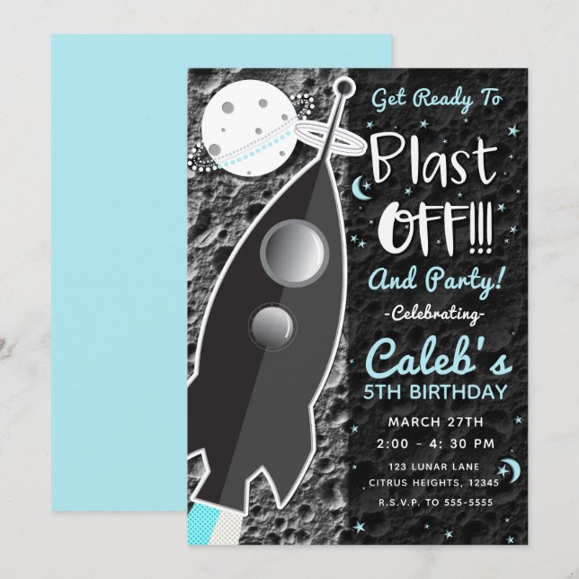 Invitación AL COHETE ESPACIAL DE LA LUNA Fiesta de Cumpleaños (Anverso / Reverso)