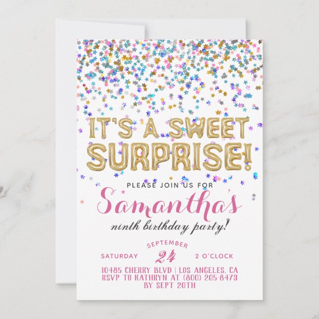 Invitación al Confetti de cumpleaños de Sweet Surp (Anverso)