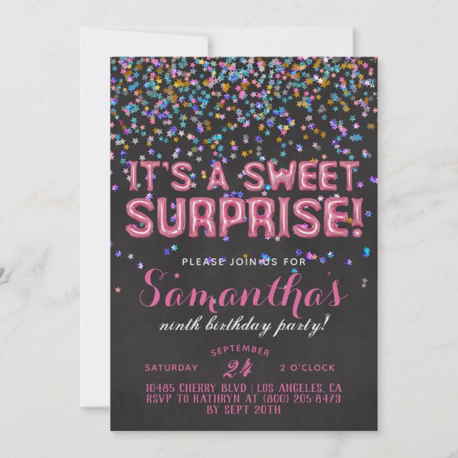 Invitación al Confetti de cumpleaños de Sweet Surp (Anverso)
