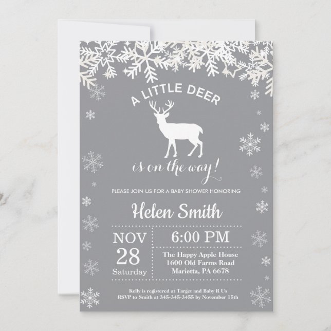 Invitación al copo de nieve Baby Shower Deer Winte (Anverso)