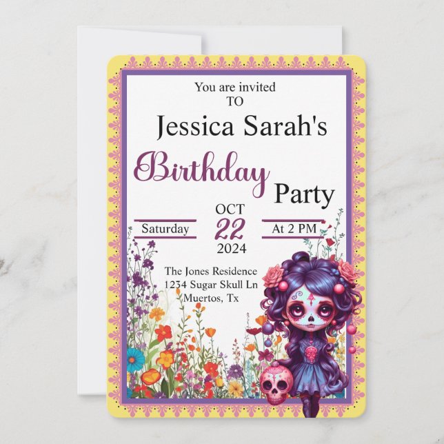 Invitación al cráneo de azucar en jardín gótico (Anverso)