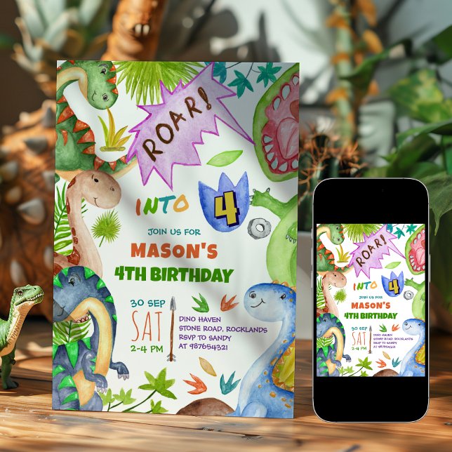 Invitación al cuarto cumpleaños de dinosaurio niño (Subido por el creador)