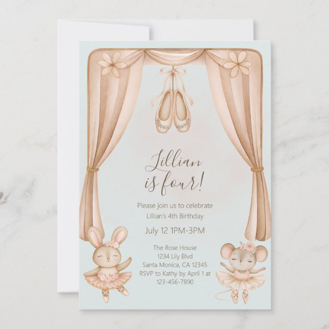 Invitación al cuarto cumpleaños de niñas de baile  (Anverso)