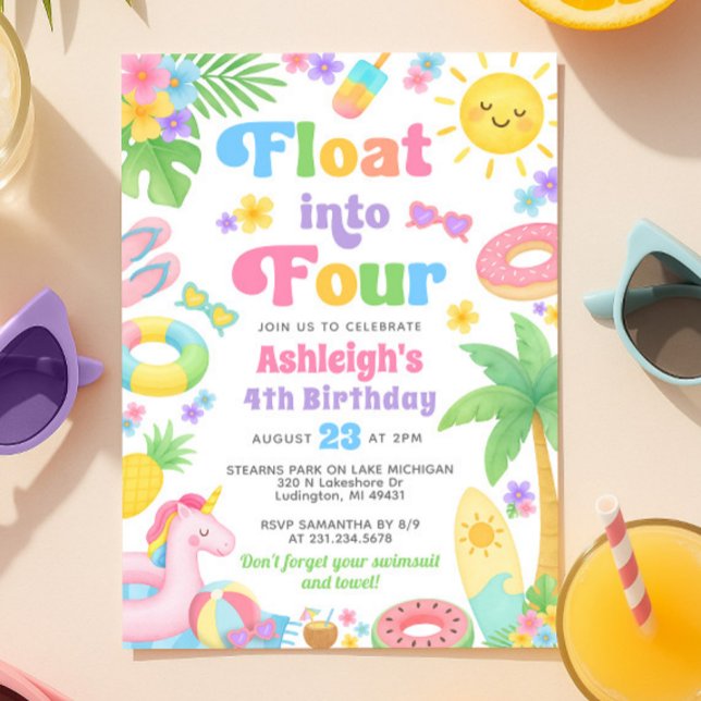 Invitación al cuarto cumpleaños del verano - Flota (Summer 4th Birthday Invitation - Float into Four
)