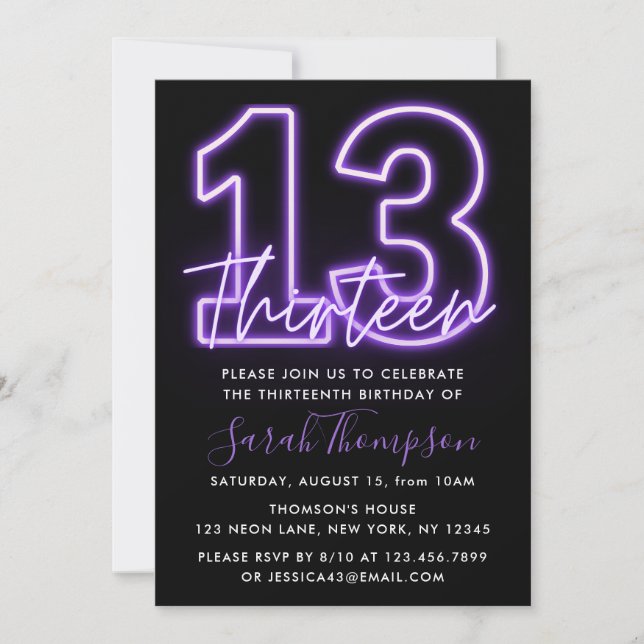 Invitación al cumpleaños 13 de la Neón Púrpura (Anverso)