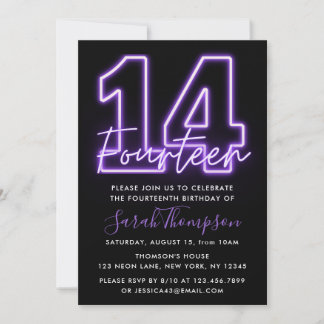 Invitación al cumpleaños 14 de Purple Neon