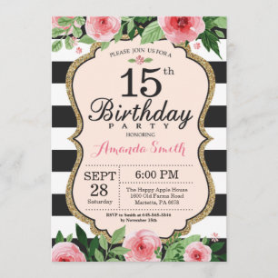 Invitación al cumpleaños 15. Dorado rosa floral ne