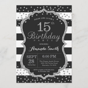Invitación al cumpleaños 15. Purpurina negro y pla