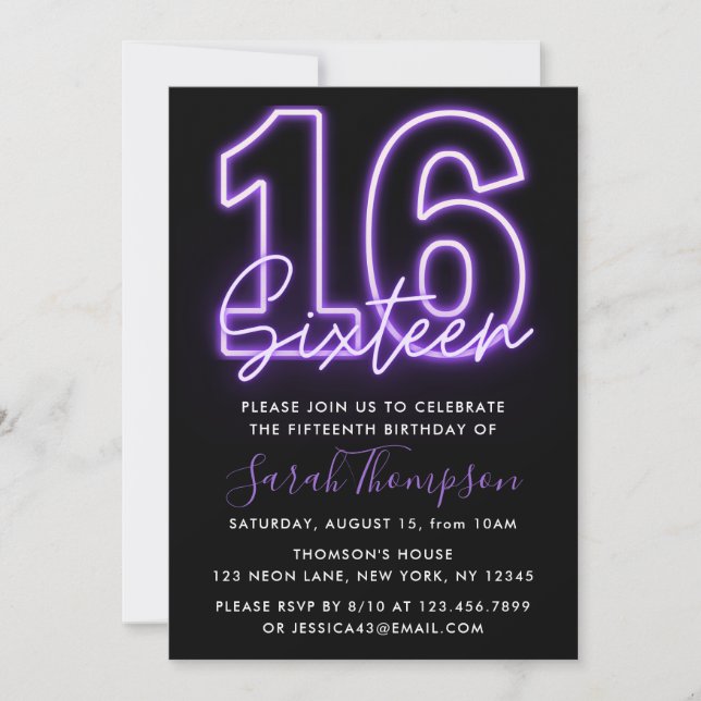 Invitación al cumpleaños 16 de Purple Neon (Anverso)