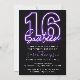 Invitación al cumpleaños 16 de Purple Neon