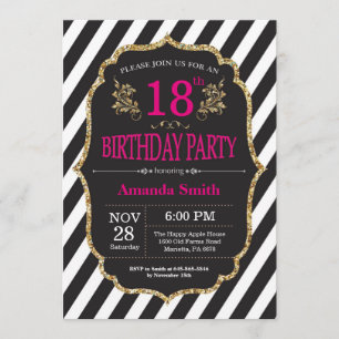 Invitación al cumpleaños 18. Purpurina negro y oro