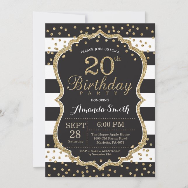 Invitación al cumpleaños 20. Purpurina negro y oro (Anverso)
