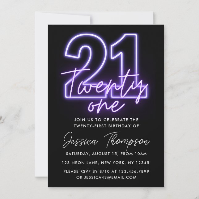Invitación al cumpleaños 21 de Purple Neon (Anverso)