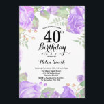 Invitación al cumpleaños 40 de Botánico Purple Flo<br><div class="desc">Invitación al cumpleaños 40 de Botánico Purple Floral. Invitación de cumpleaños para mujeres a los pueblos rosados florales. Flor floral acuarela. Elegantes flores rosas y peones. Cumpleaños de adultos. Fondo blanco.Blanco y negro. 13. 15. 16. 18. 20. 21. 30. 40. 50. 60. 70. 80. 90. 100. Cualquier edad. Para más...</div>