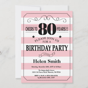 Invitación al cumpleaños 80 Pink and White Rayas