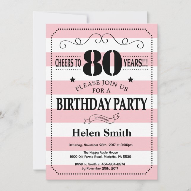 Invitación al cumpleaños 80 Pink and White Rayas (Anverso)