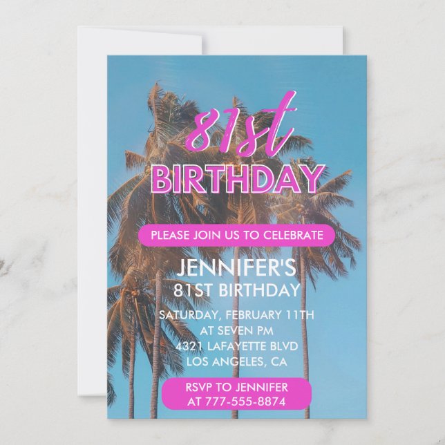 invitación al cumpleaños 81 verano rosa palmera (Anverso)