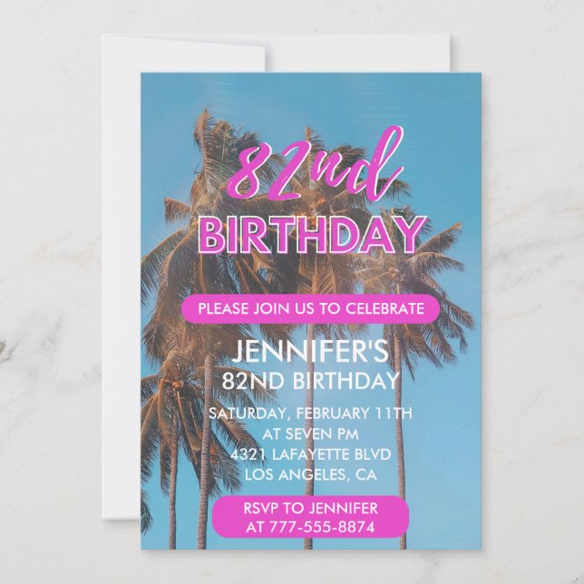 invitación al cumpleaños 82 verano rosa palmera (Anverso)