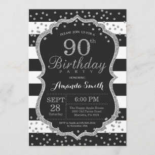 Invitación al cumpleaños 90. Purpurina negro y pla