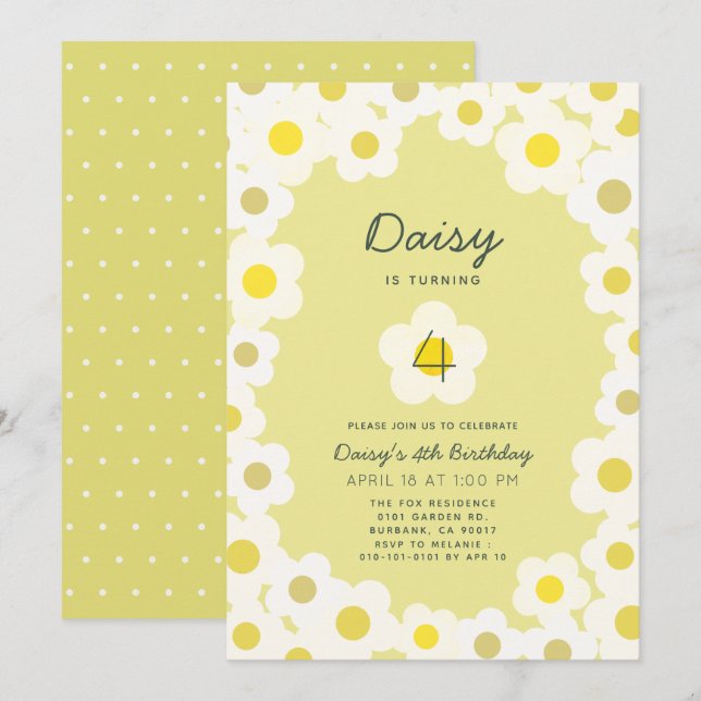 Invitación al cumpleaños amarillo de Daisy Floral (Anverso / Reverso)