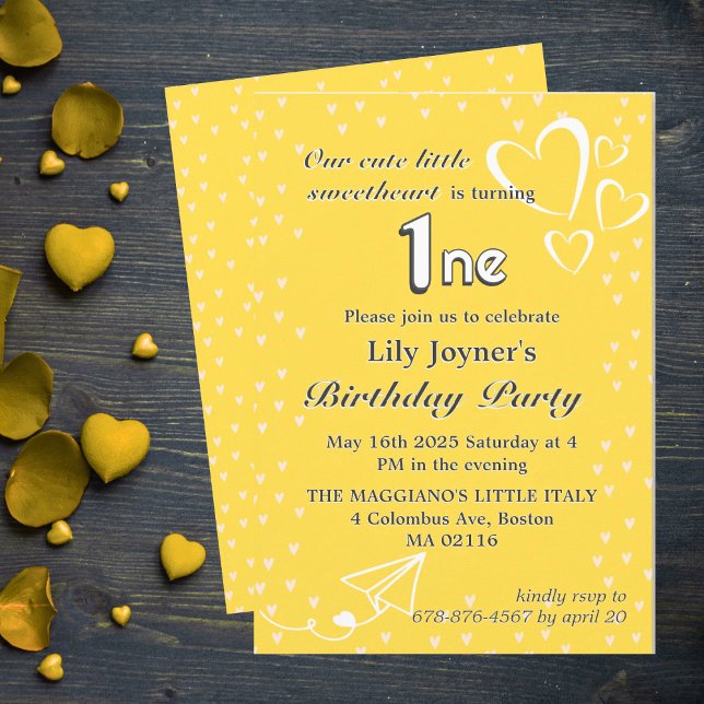 Invitación al cumpleaños amarillo de Little Hearts (Subido por el creador)
