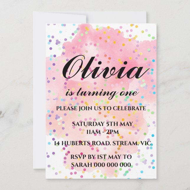 Invitación al cumpleaños arcoiris colorida acuarel (Anverso)