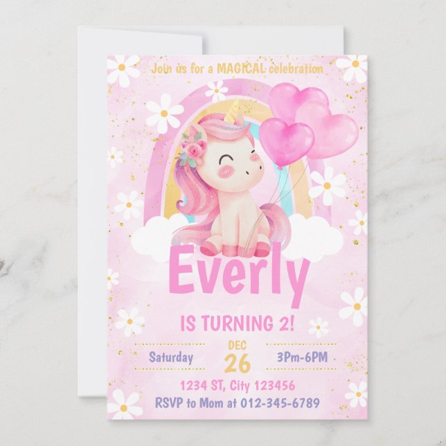 Invitación al cumpleaños arcoiris de Unicornio par (Anverso)