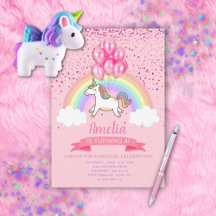 Invitación al cumpleaños arcoiris de Unicornio ros