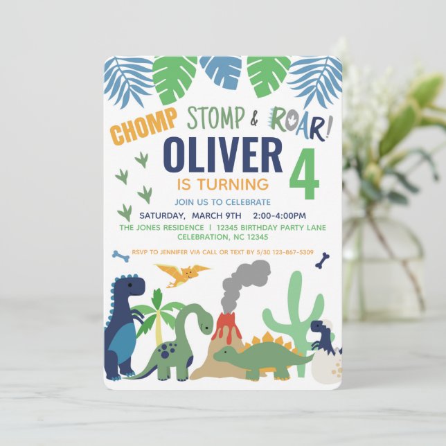 Invitación al cumpleaños azul de Dinosaur Boy (Anverso de pie)