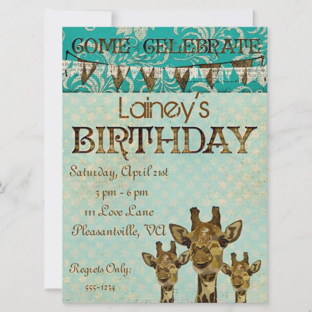 Invitación al cumpleaños azul de las jirafas de da (Anverso)