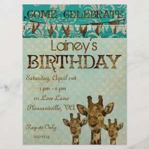 Invitación al cumpleaños azul de las jirafas de da