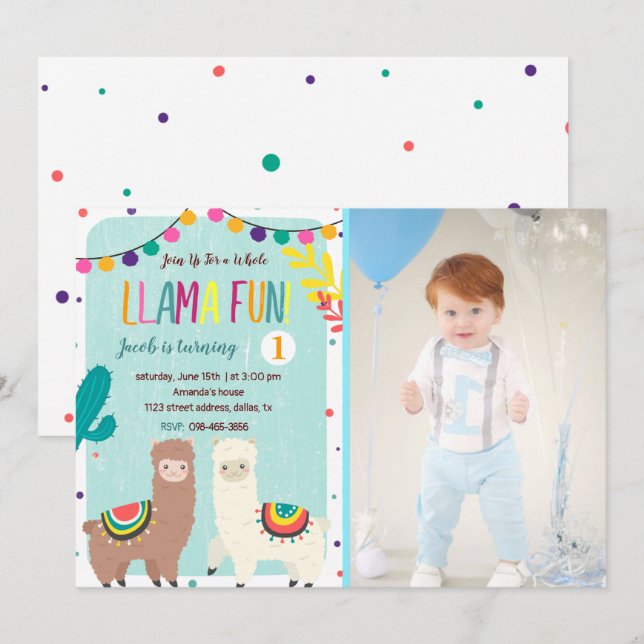 Invitación al cumpleaños azul de Llamas con foto (Anverso / Reverso)