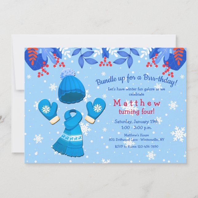 Invitación al cumpleaños azul de Winter Wonderland (Anverso)