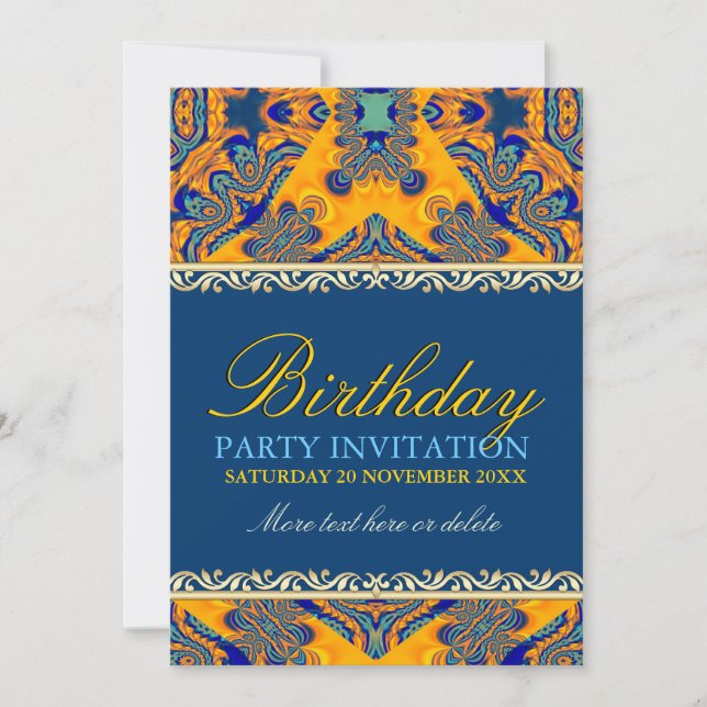 Invitación al cumpleaños azul del Naranja Batik tr (Anverso)