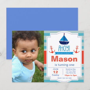 Invitación al cumpleaños Blue Ahoy con foto