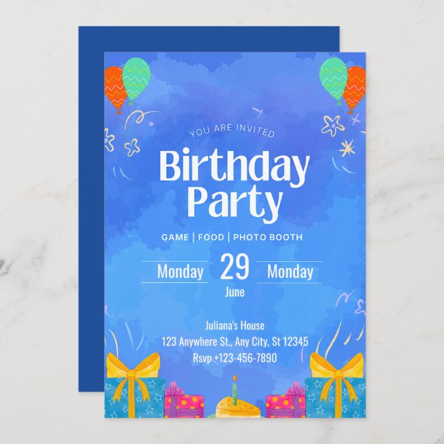 Invitación al cumpleaños Blue Modern (Anverso / Reverso)