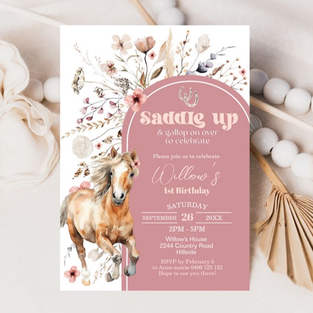 Invitación al cumpleaños Boho Caballo Flor silvest (Wildflower Horse Birthday Invitation)