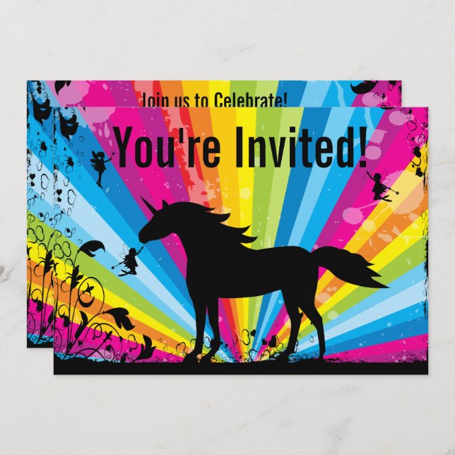 Invitación al cumpleaños con arcoiris de Unicornio (Anverso / Reverso)