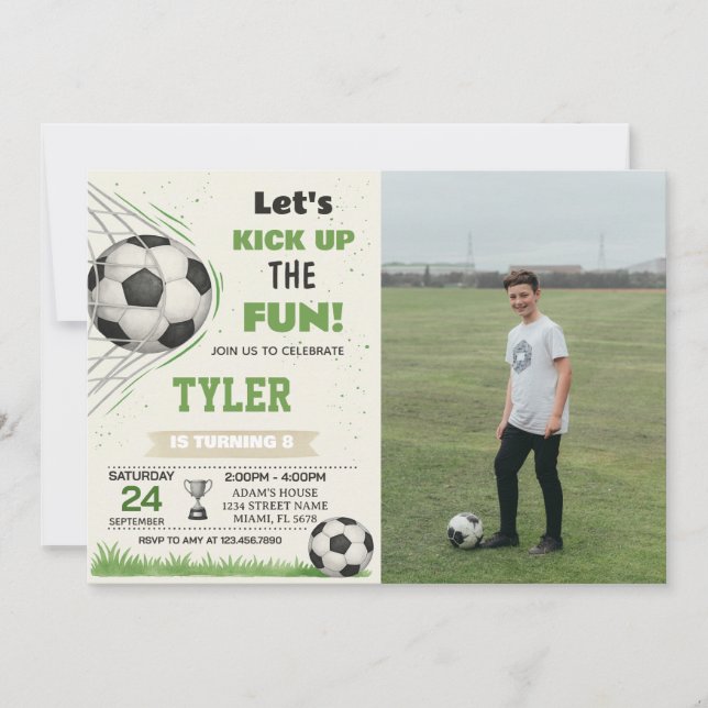Invitación al cumpleaños con gol de fútbol con fot (Anverso)
