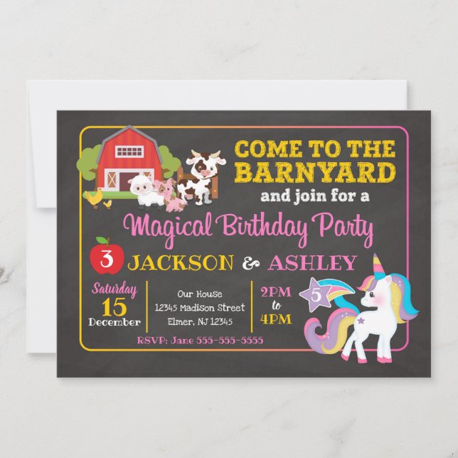 Invitación al cumpleaños conjunto Barnyard y Unico (Anverso)
