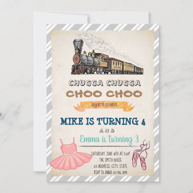 Invitación al cumpleaños conjunto de Train y tutu (Anverso)