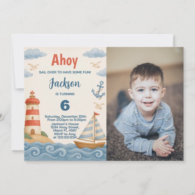 Invitación al cumpleaños de Ahoy Matey Nautical (Anverso)